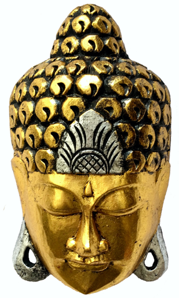 Máscara Buda Sidartha em Madeira Albésia com Pintura em Dourado ( 30cm )