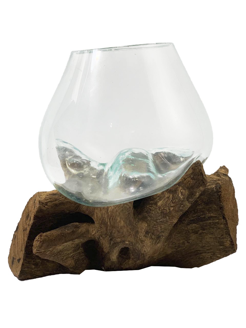 [ PEÇA ÚNICA ] Vaso de Vidro Moldado sobre Madeira Natural ( 21cm )