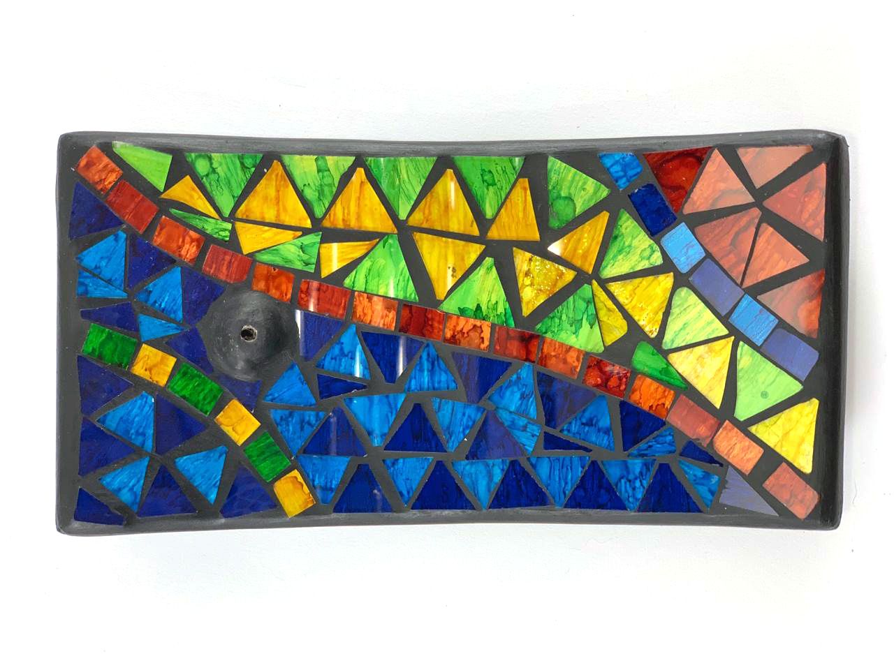 Porta Incensos Retangular de Cerâmica com Mosaico Triangular Colorido