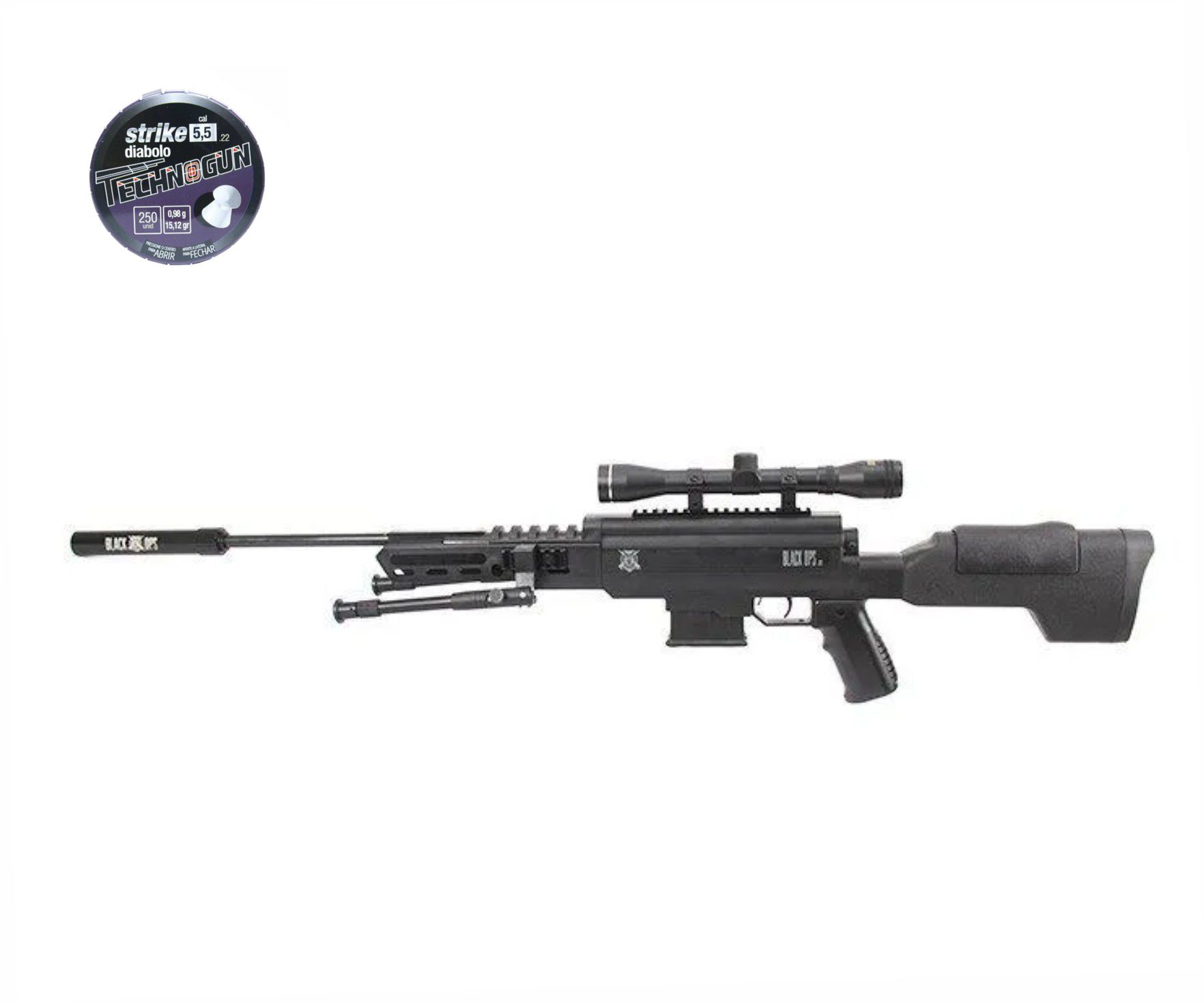 Carabina de pressão Black Ops Sniper 5,5 GÁS RAM 60kg + luneta Rossi + Bipé
