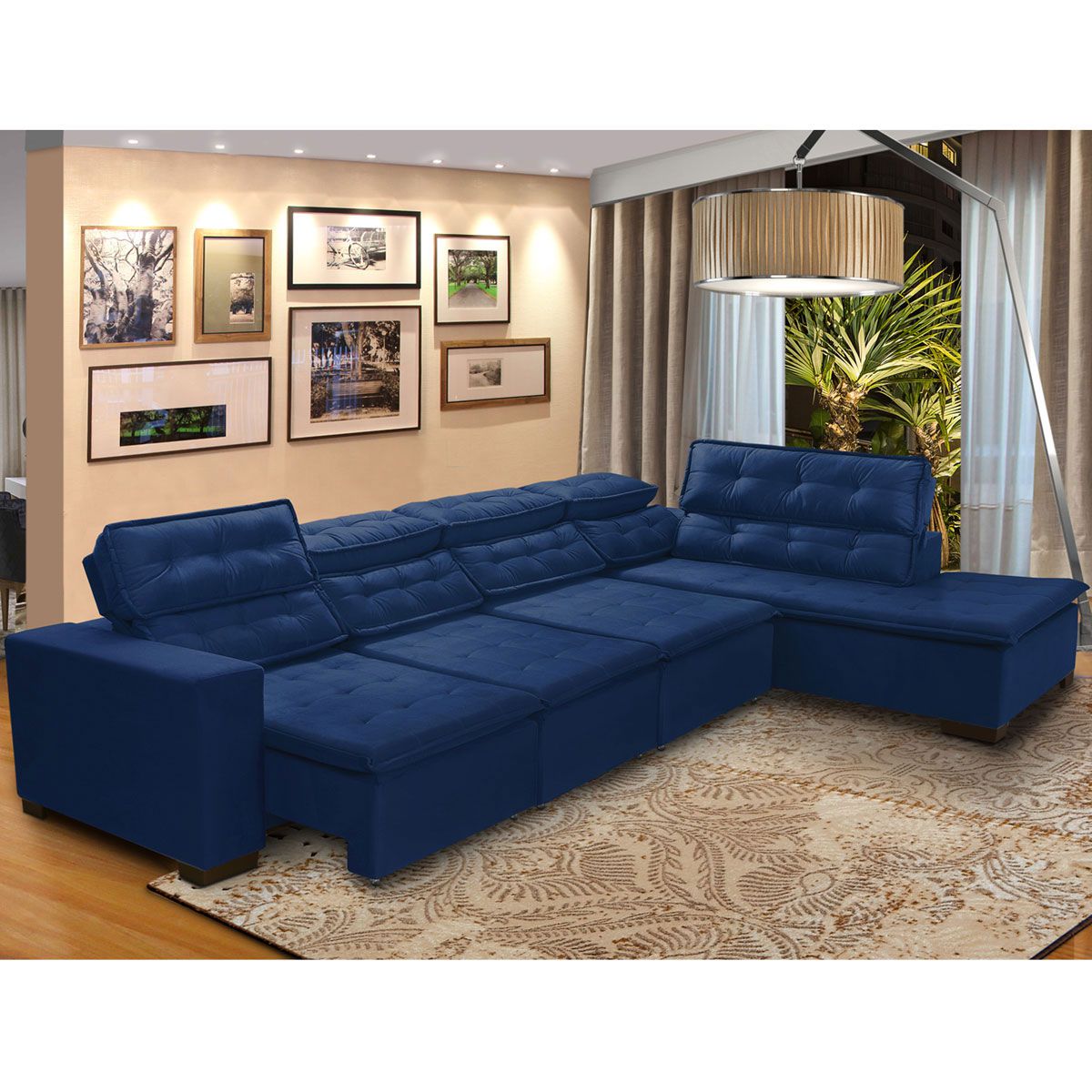 Sofá 7 Lugares de Canto Retrátil e Reclinável Pillow Chaise E 3,60 x 2,20 m  Sttilo  Azul  - MegaSul
