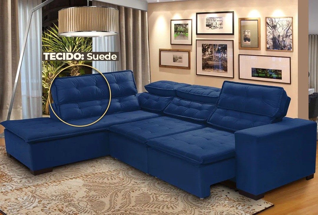 Sofá Canto 5 Lugares Chaise D Retrátil e Reclinável Pillow 280 x 220 cm Sttilo - TECIDO SUEDE -Megasul Cor Azul