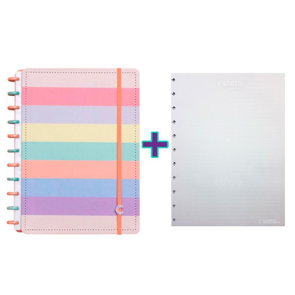 Caderno inteligente grande arco íris pastel + refil linhas brancas