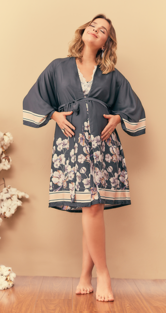 Robe kimono curto cetim estampa algodão preto