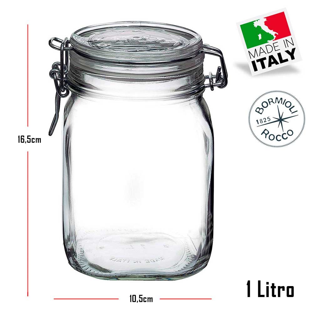 2 Potes Fido Rocco Bormioli de vidro com tampa hermética - 1 750ml + 1 1000ml (1 Litro) para armazenamento