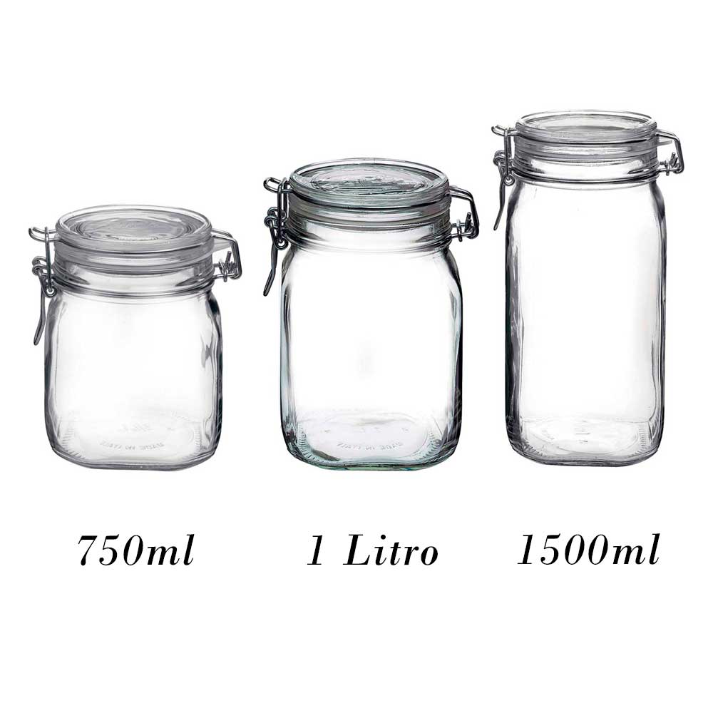 3 Potes de vidro Fido Rocco Bormioli  com tampa hermética - 1 750ml + 1 1000ml (1 Litro) + 1 1500ml (1,5 Litro)