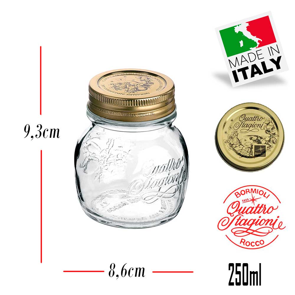 3 Potes Quattro Stagioni 250ml de vidro com fechamento hermético Bormioli Rocco para papinhas e conservação de alimentos