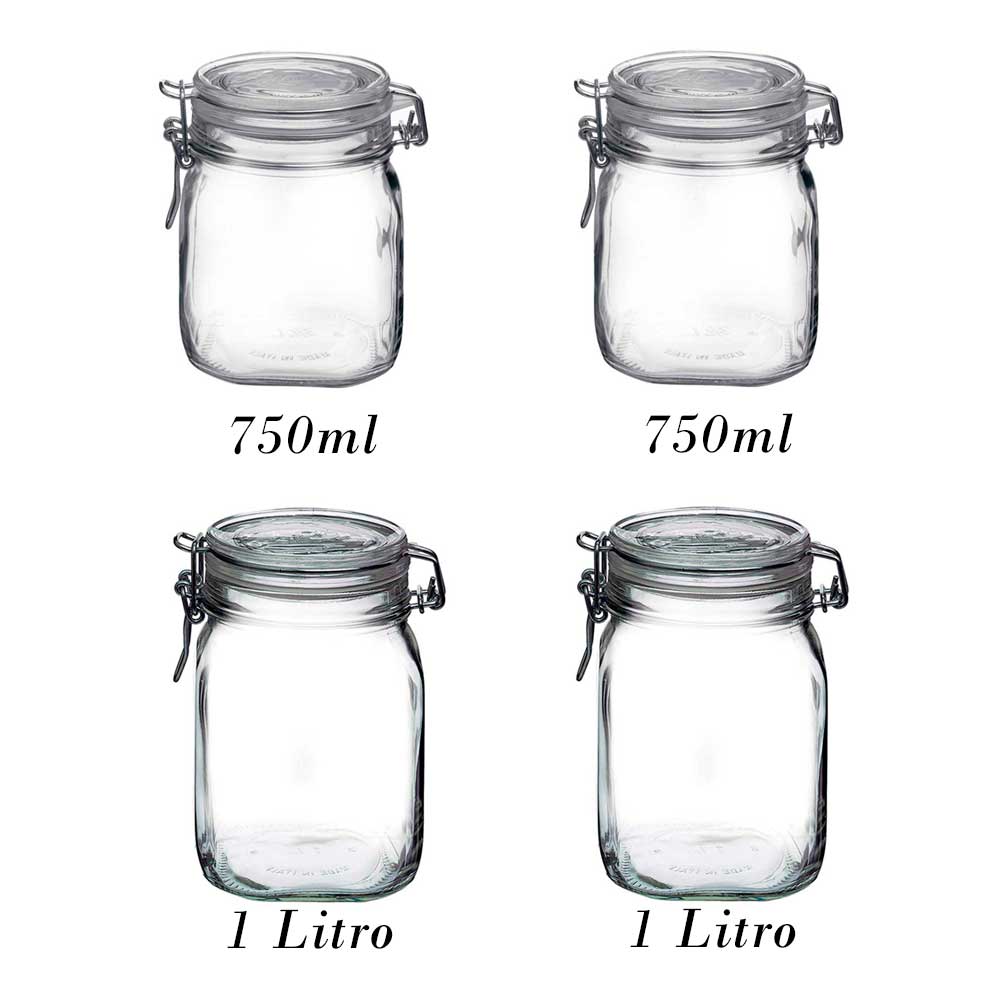 4 Potes Fido Rocco Bormioli de vidro com tampa hermética - 2 750ml + 2 1000ml (1 Litro) para armazenamento
