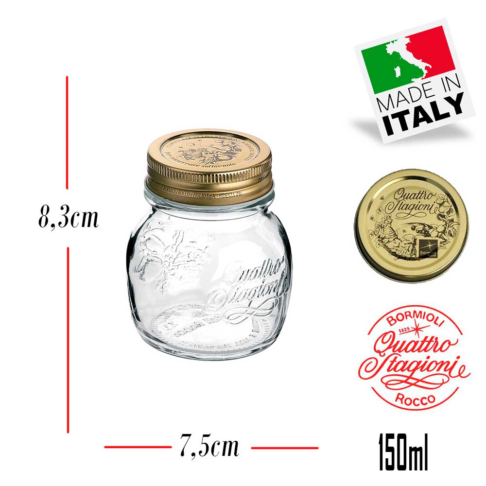 4 Potes Quattro Stagioni 150ml de vidro com fechamento hermético Bormioli Rocco para papinhas e conservação de alimentos