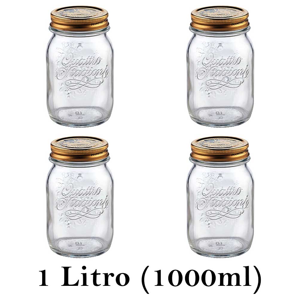 4 Potes Quattro Stagioni 1 Litro (1000ml) de vidro com fechamento hermético Bormioli Rocco para conservação de alimentos