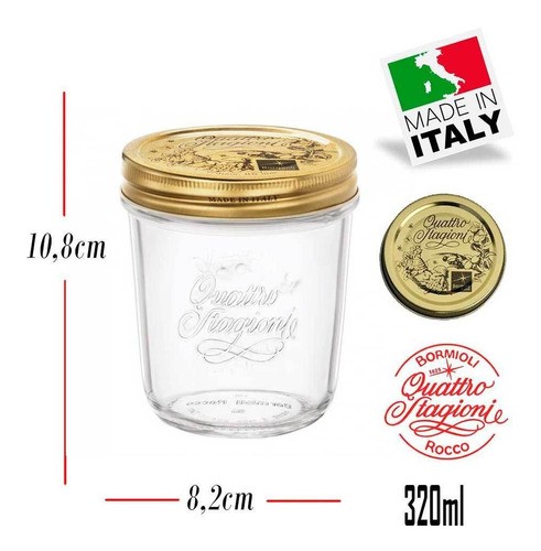 8 Potes Quattro Stagioni 320ml de vidro hermético Bormioli Rocco para papinhas, compotas, doces caseiros e conservas