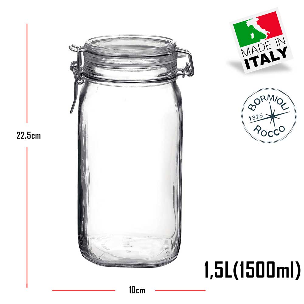 Conjunto com 3 Potes de vidro com tampa hermético Fido Rocco Bormioli - 1 500ml + 1 750ml + 1 1500ml (1,5 Litro)