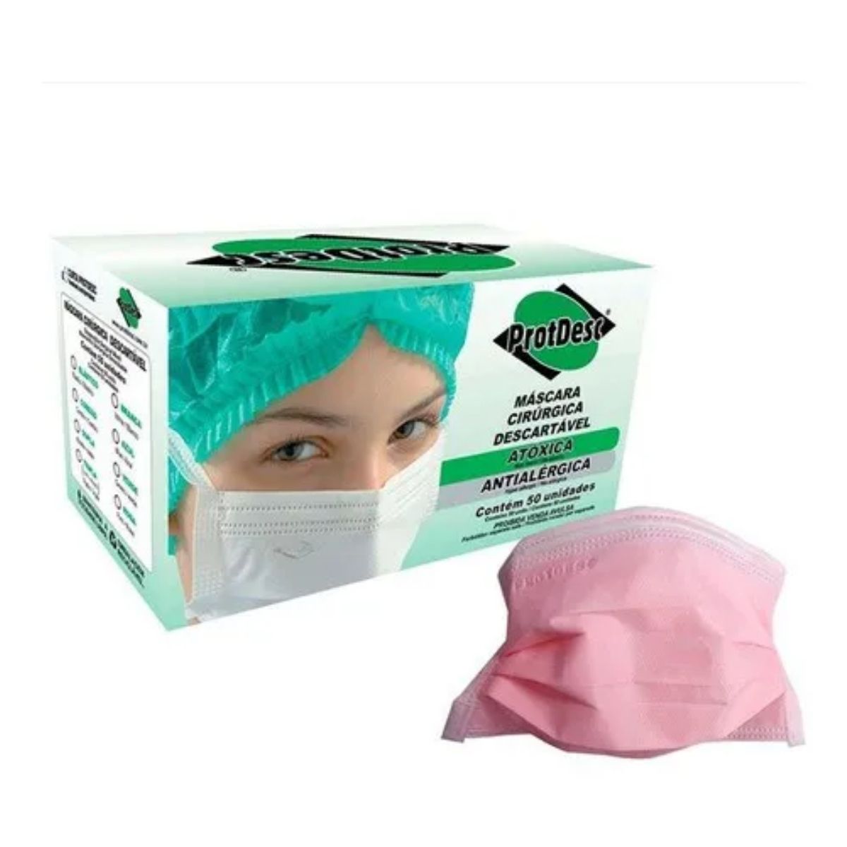 Máscara Descartável Rosa Tripla Camada Antibacteriana Protdesc - 50 Un