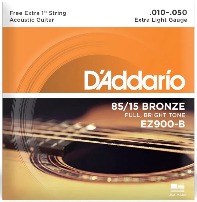 Encordoamento DAddario Para Violão Aço 6 Cordas 010-050 Bronze EZ900-B Com Corda Extra Mi