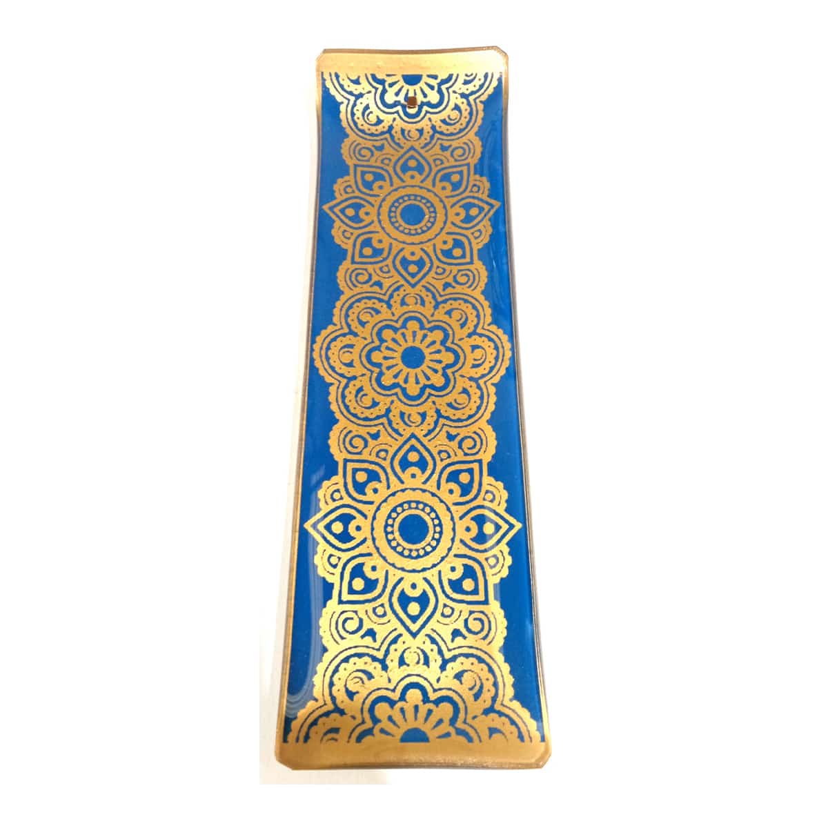 Incensário Mandala Azul Dourado Vidro Canaleta