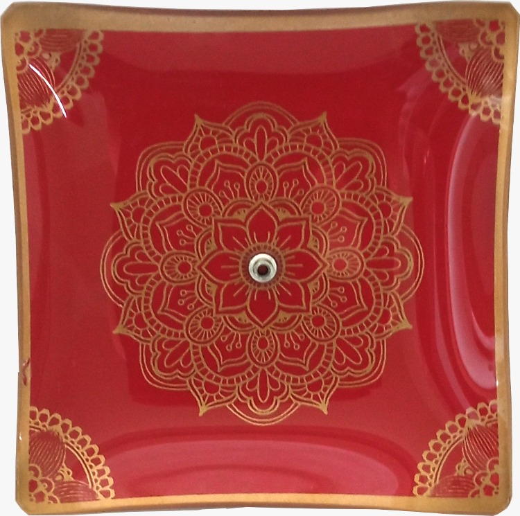 Incensário Mandala Dourado Vermelho Vidro Quadrado