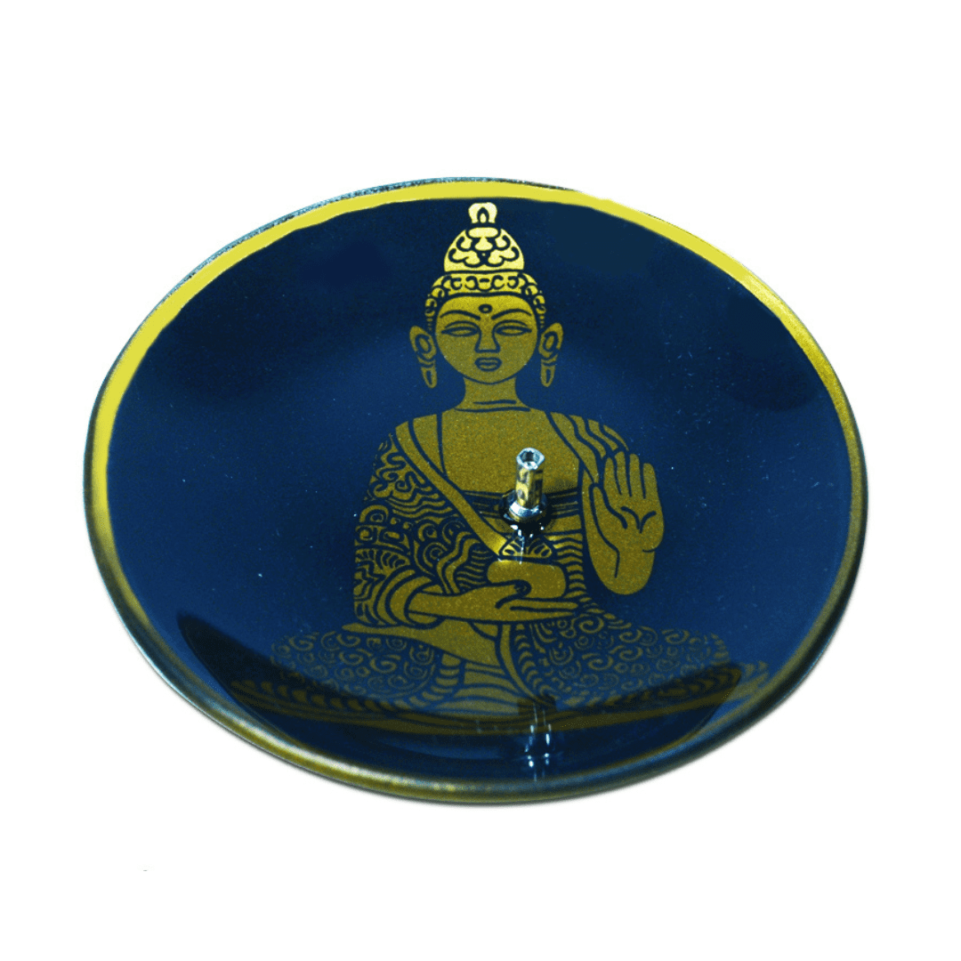 Incensário Buddha Azul Dourado Vidro Redondo
