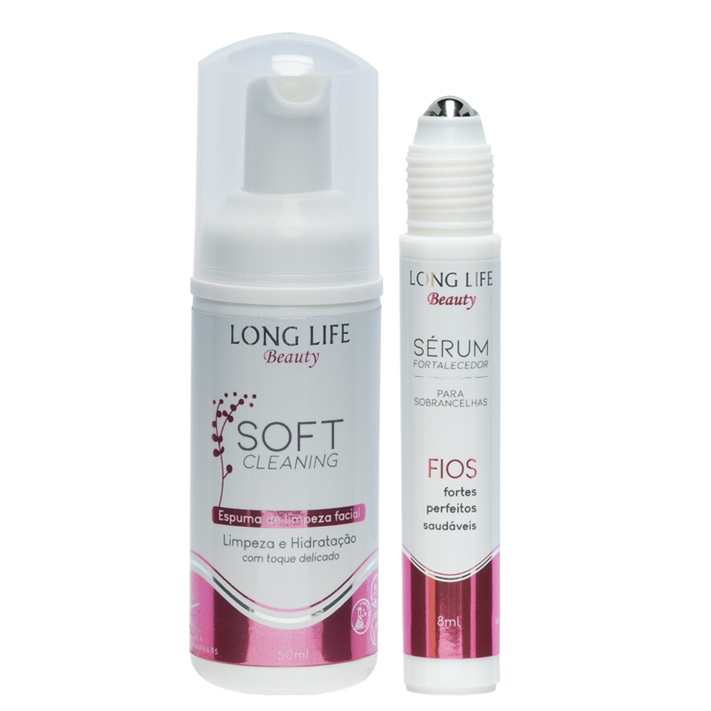 Sabonete Mousse Soft Cleaning 50 ml Espuma Facial + Sérum Fortalecedor de Sobrancelhas 8 ml Long Life
