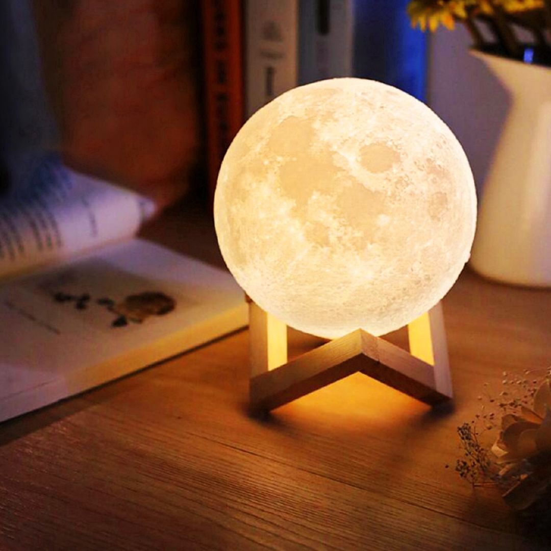 Luminária Lua Cheia 3D Led Abajur 11cm Branca com Suporte