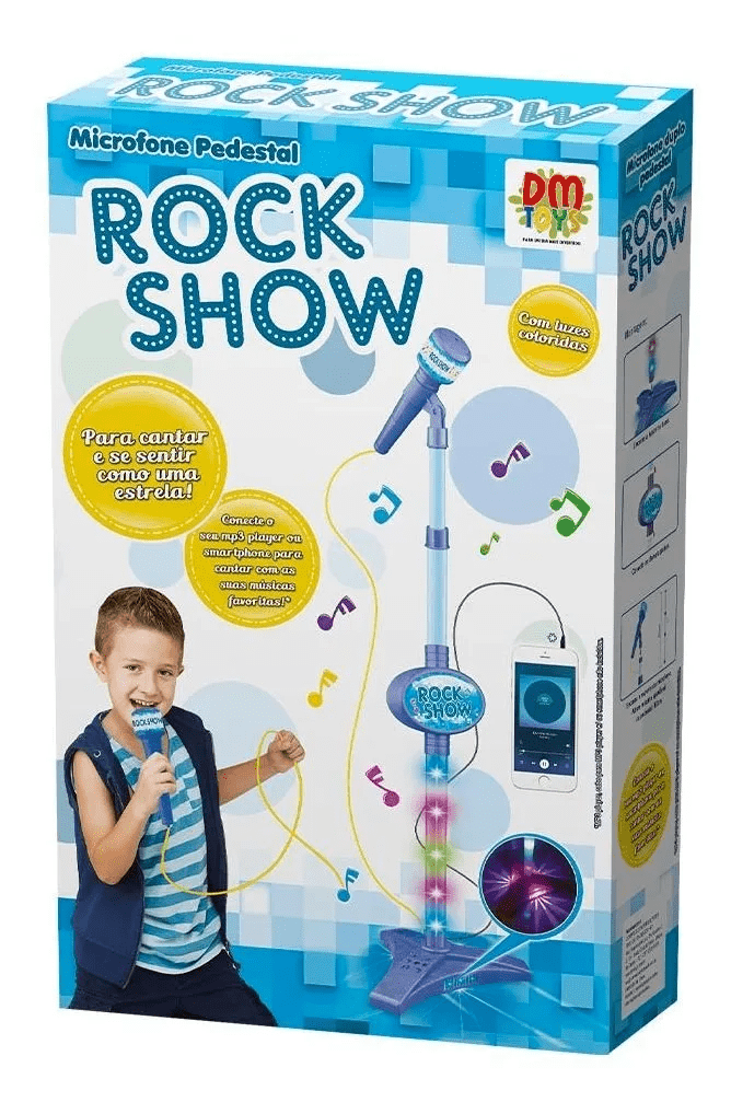 Microfone Pedestal Infantil Azul Rock Show Mp3 Luz E Som