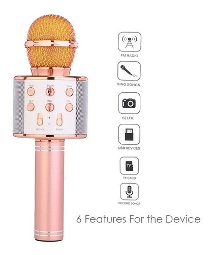 Microfone Sem Fio Bluetooth Karaokê Usb P2 Alto Falante Embutido Rosê Gold