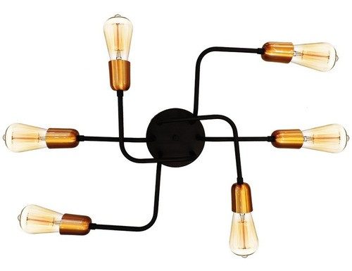 Plafon Retrô industrial alumínio preto fosco/cobre para 6 lâmpadas E27 de filamento 55cm x 38cm