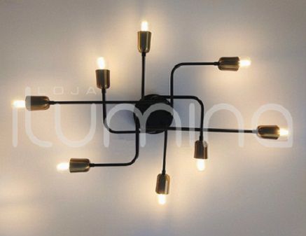 Plafon Luminária Aranha industrial Retrô em alumínio Preto Fosco c/ Dourado para 8 lâmpadas E27 de filamento 54cm x 51cm