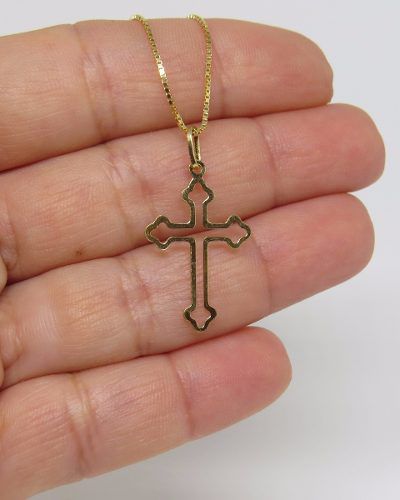 Cordão Corrente Veneziana 60cm Pingente Cruz Crucifixo Ouro 18k