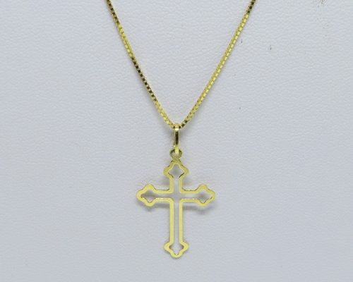Cordão Corrente Veneziana 60cm Pingente Cruz Crucifixo Ouro 18k
