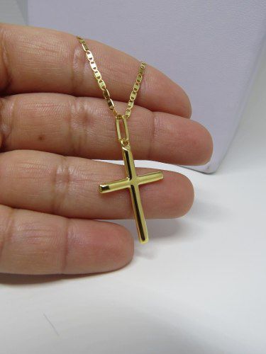 Cordão Corrente Piastrine 60cm Pingente Crucifixo 2.7cm Ouro 18k 750