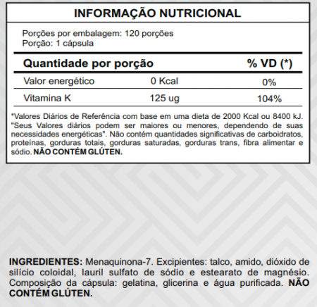 Vitamina K2 125mcg 120 cápsulas Lot Nutrition