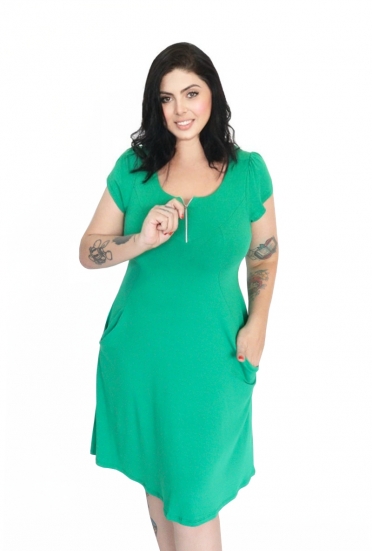 Vestido De Malha Liso Plus Size Verde Bandeira Com Bolsos