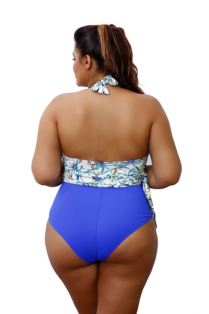 Maiô Vestido Saída De Praia Saia Plus Size Azul Estampado Com Bojo
