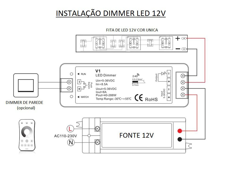 Dimmer LED 12V com Controle RF 2.4G