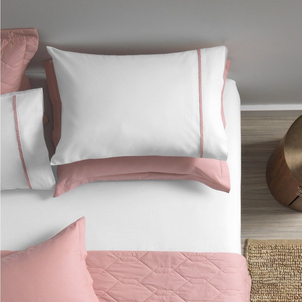 Jogo de cama casal 180 fios em algodão 3 peças liam – filete rosa - karsten