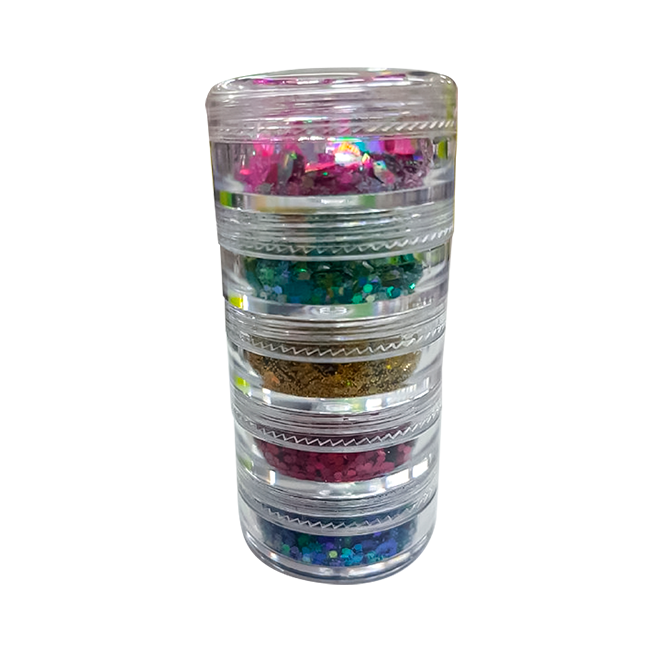 Kit com 5 Cores Torre de Glitter Flocado Maquiagem Unhas Encapsulamento Pote Médio