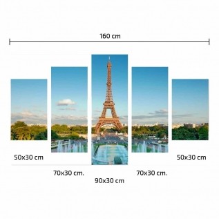 Conjunto de 5 quadros decorativos em Canvas - Torre Eiffel frente