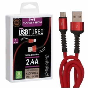 CABO USB MICRO USB ANDROID v8 2.4A  TURBO RESISTENTE CA-174 VERMELHO MAKETECH