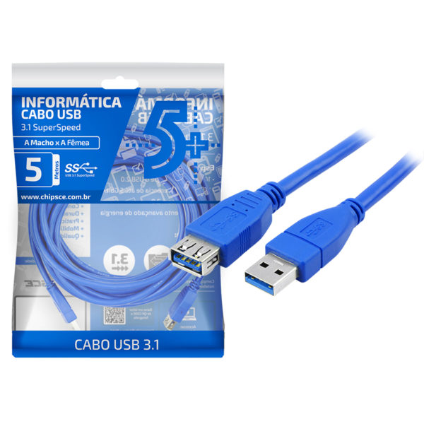 CABO USB 3.1 - USB A MACHO + USB A FEMEA 3.1 - 5M - AZUL