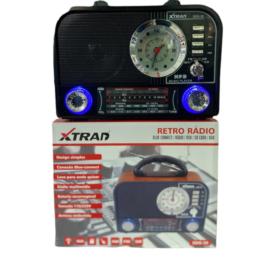 RADIO RETRO BLUETOOTH AM FM XTRAD RELOGIO LED XDG-30 AZUL