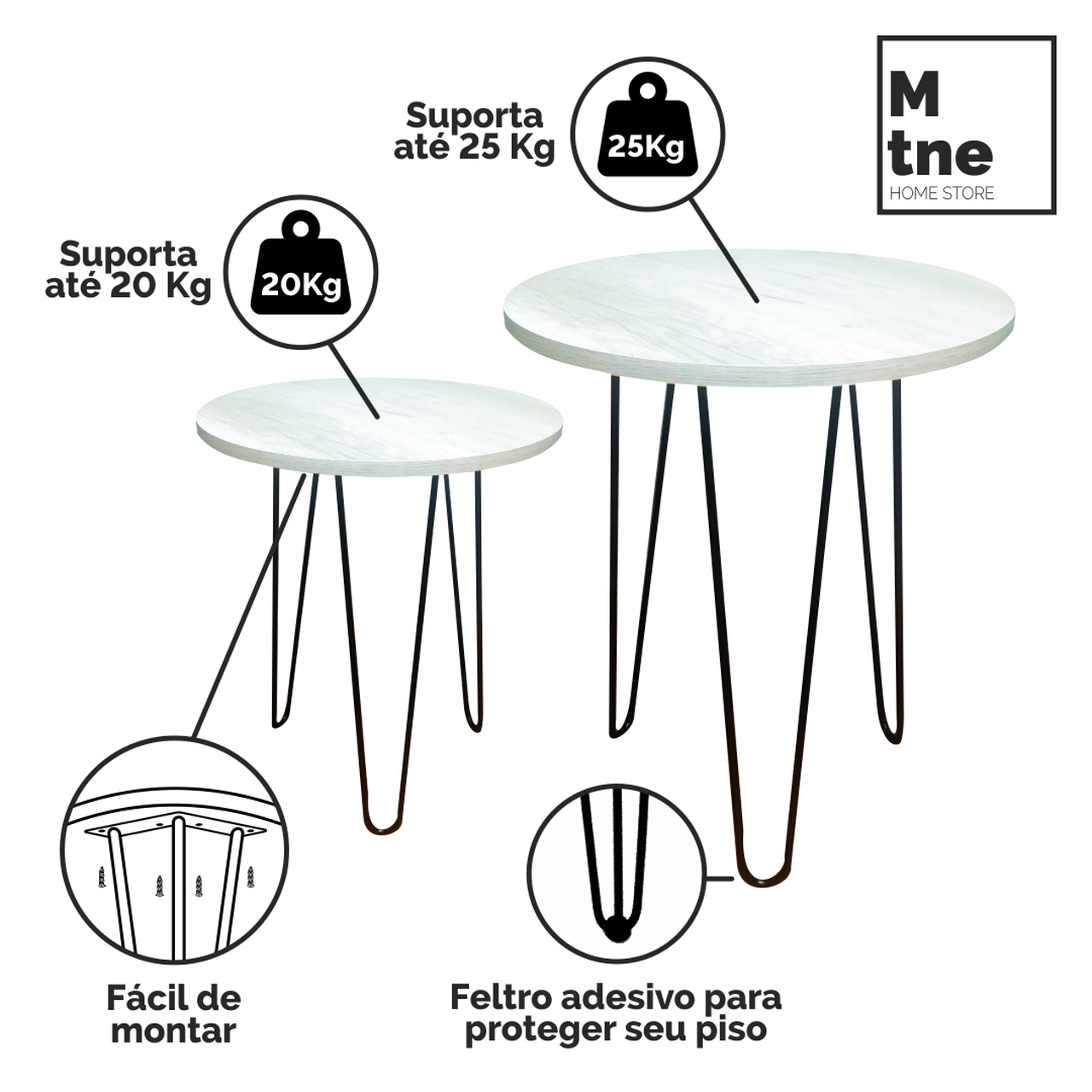 Conjunto de Mesinhas de Apoio Redondas com Hairpin Legs e Tampo 100% MDF Mezzo  - Mtne Store