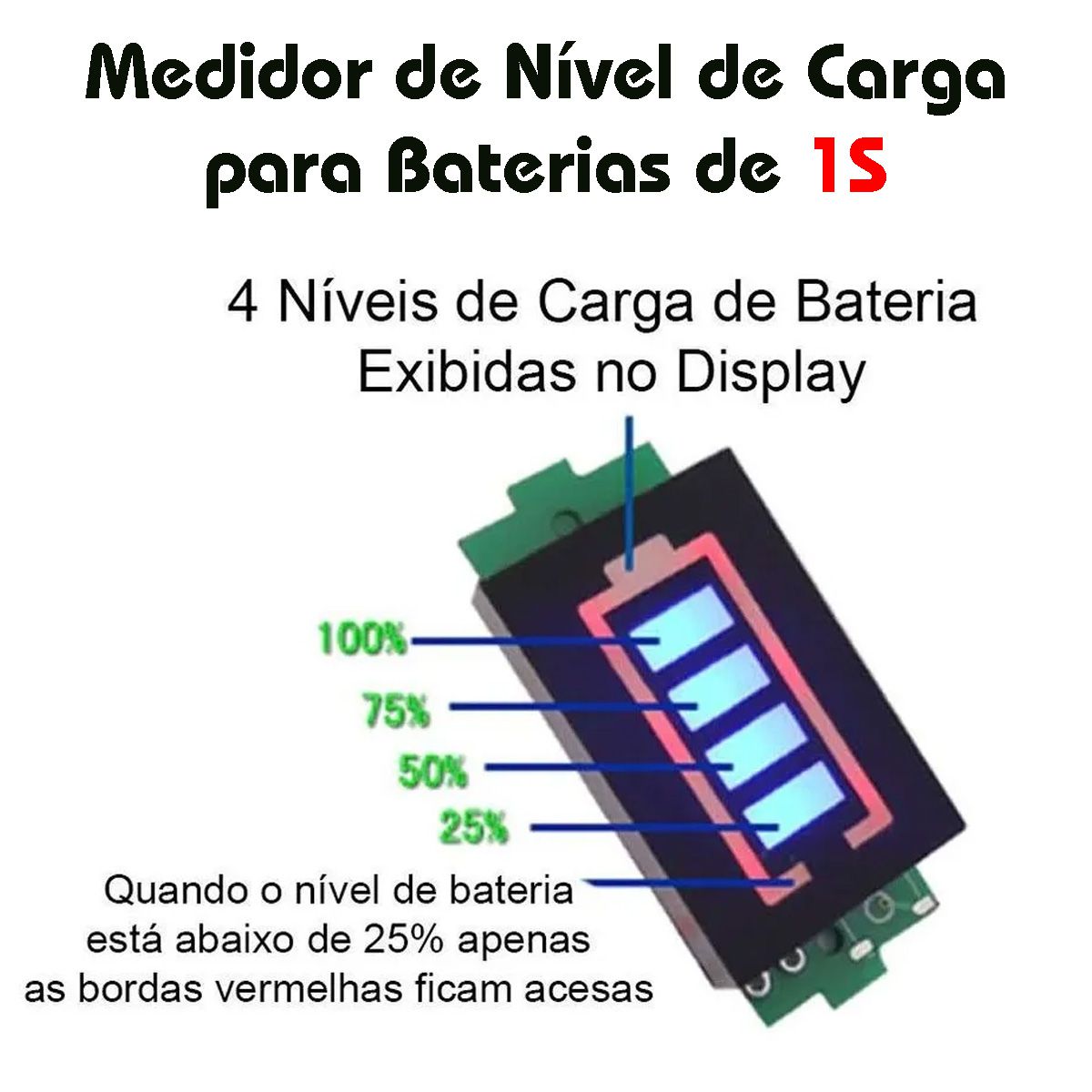 2x Voltímetro com Display Indicador de Nível de Carga para Baterias 1S 4,2V