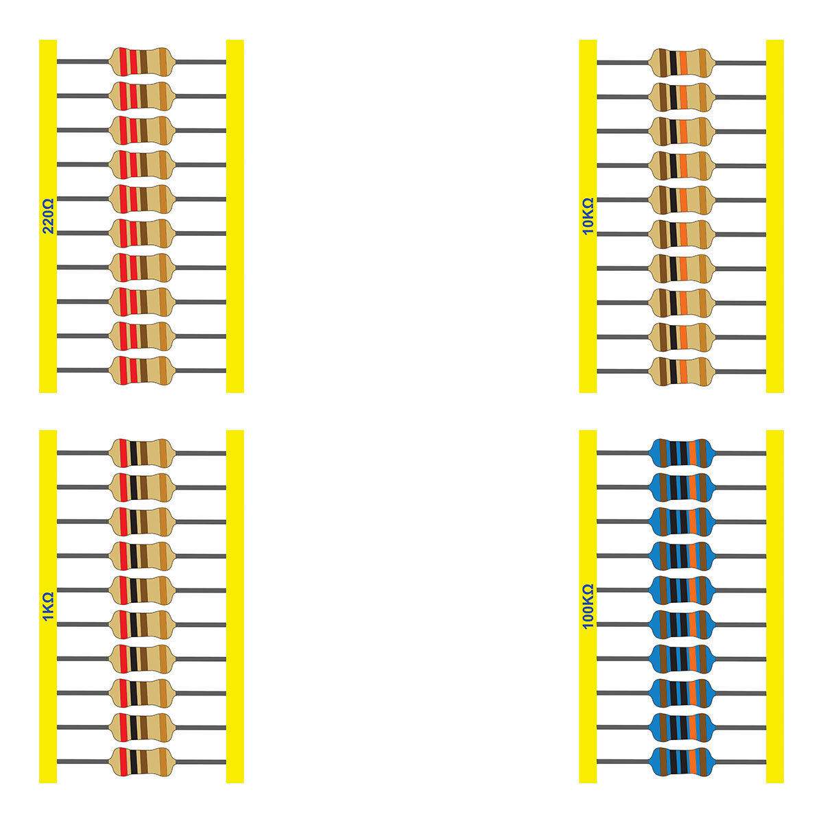 40x Resistor 220 1k 10k 100k 10 de cada 1/4w