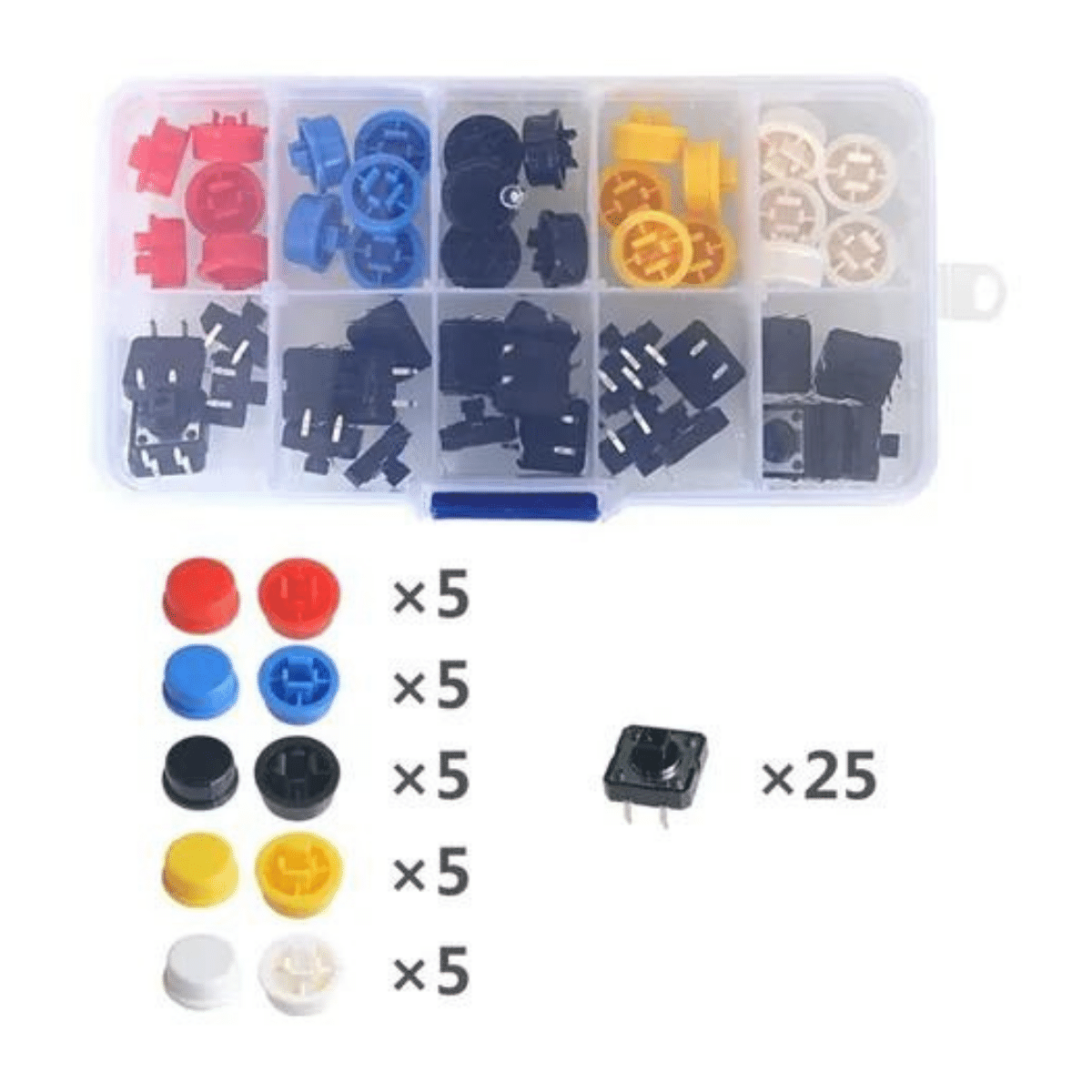 Kit com 25 Push Button / Chave Táctil com capas coloridas - 5 cores