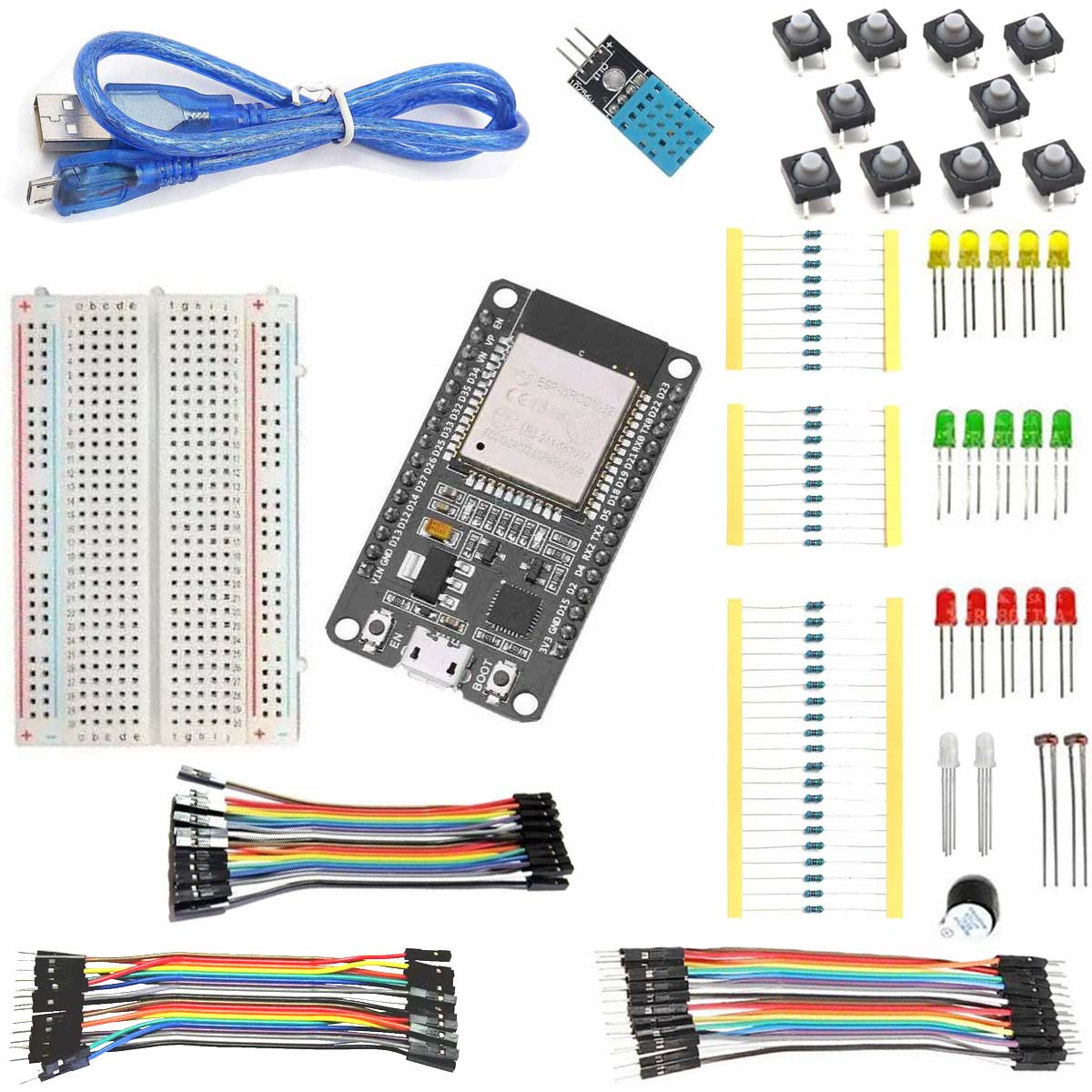Kit ESP32 + Cabo + Protoboard + Resistores + Leds + Botões + Cabos Jumpers