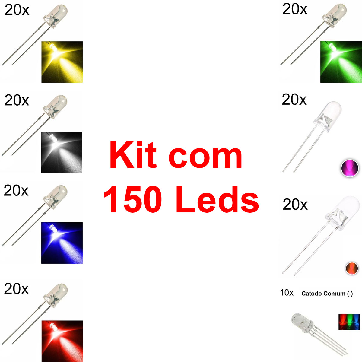 Kit no total de 150 Leds Alto Brilho 5mm: Branco, Azul, Vermelho, Verde, Amarelo, Rosa, Laranja e RGB