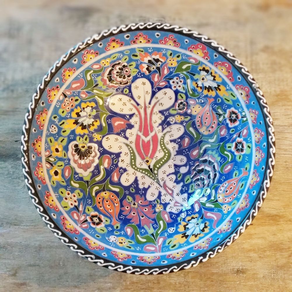 Tigela Turca Azul em Cerâmica Relevo Adapazari 26cm 