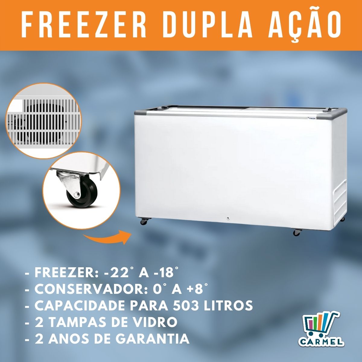 Freezer Horizontal Conservador Branco Dupla Ação 2 Tampa de Vidro 503 Litros HCED 503 110V/220V 2 Anos de Garantia Fricon  - CARMEL