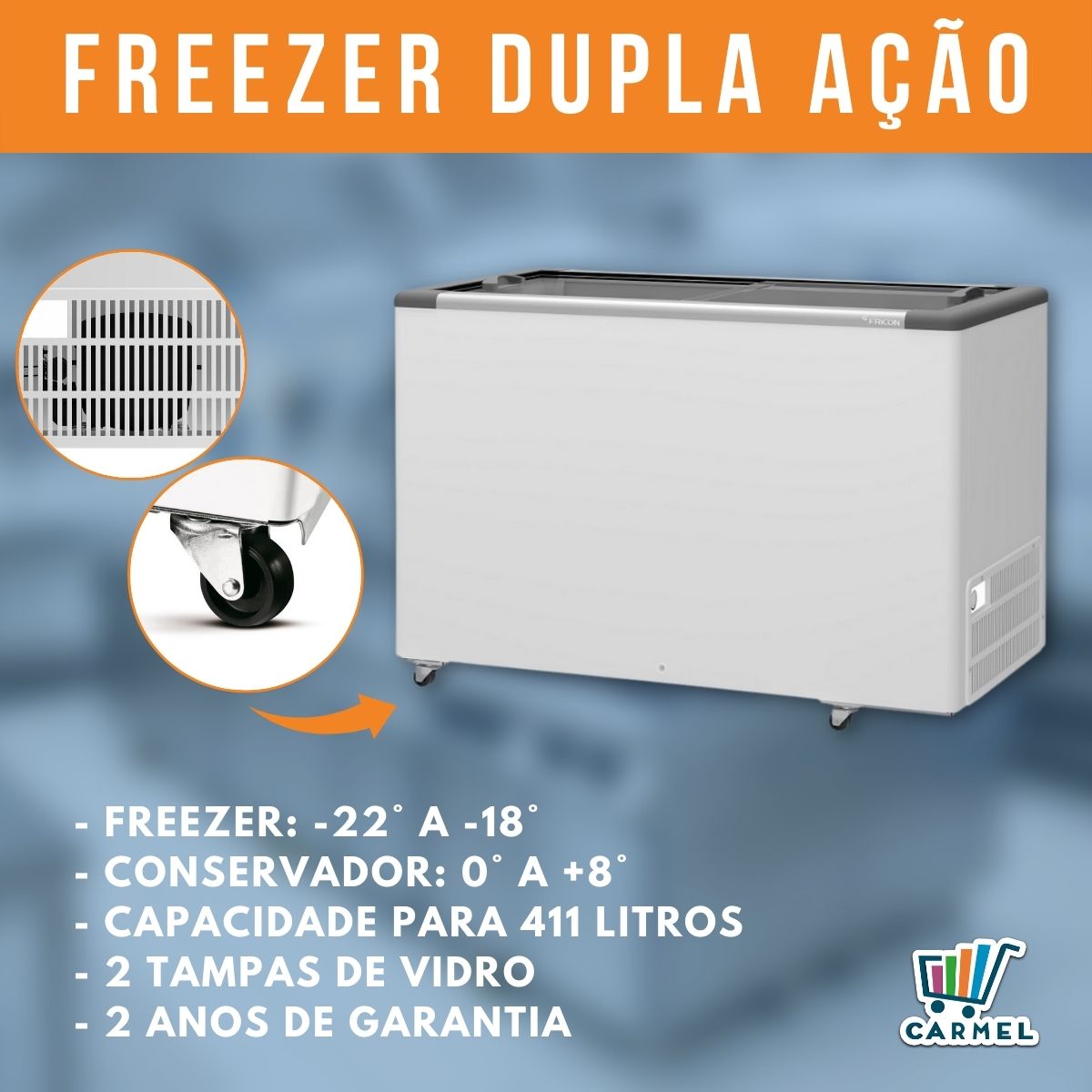 Freezer Horizontal Conservador Branco Dupla Ação 2 Tampa de Vidro 411 Litros HCED411 110V/220V 2 Anos de Garantia Fricon  - CARMEL
