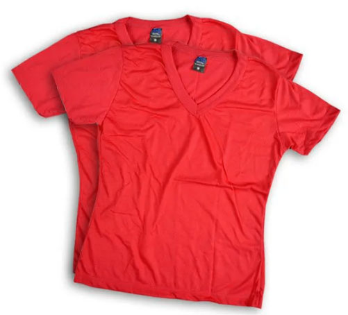 Camisetas 100% Poliéster - Baby Look - Gola V - Manga Curta - Vermelha